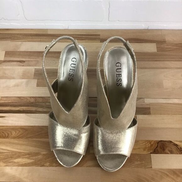 GUESS Gold glitter open toe chunky heeled large strappy sandals pumps size 7 - Picture 5 of 14